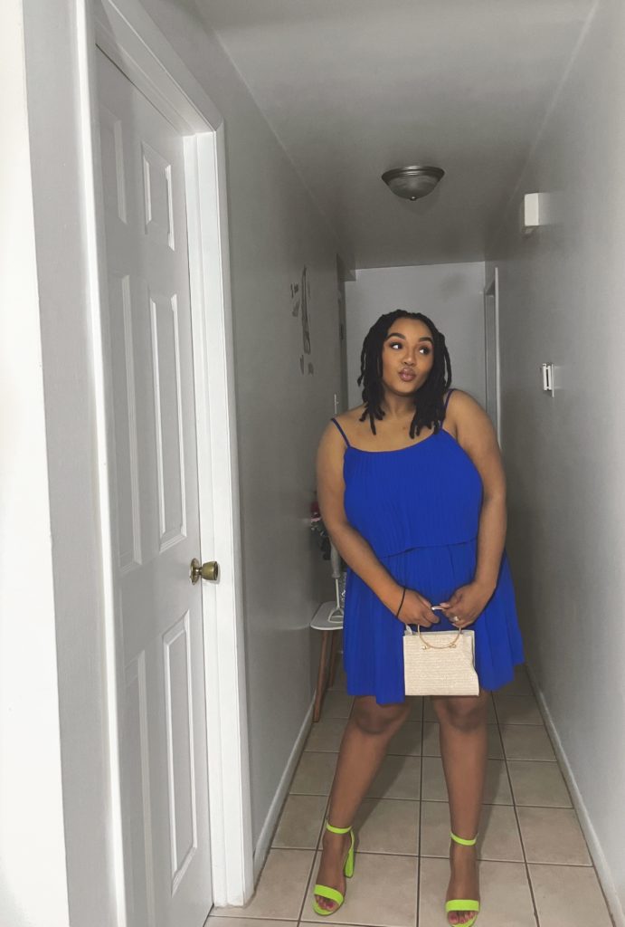 bold blue dress lady in a blue dress