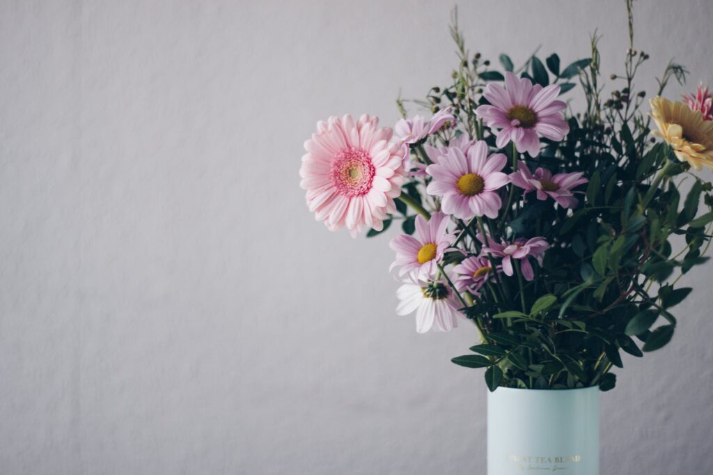 pink flowers in white vase